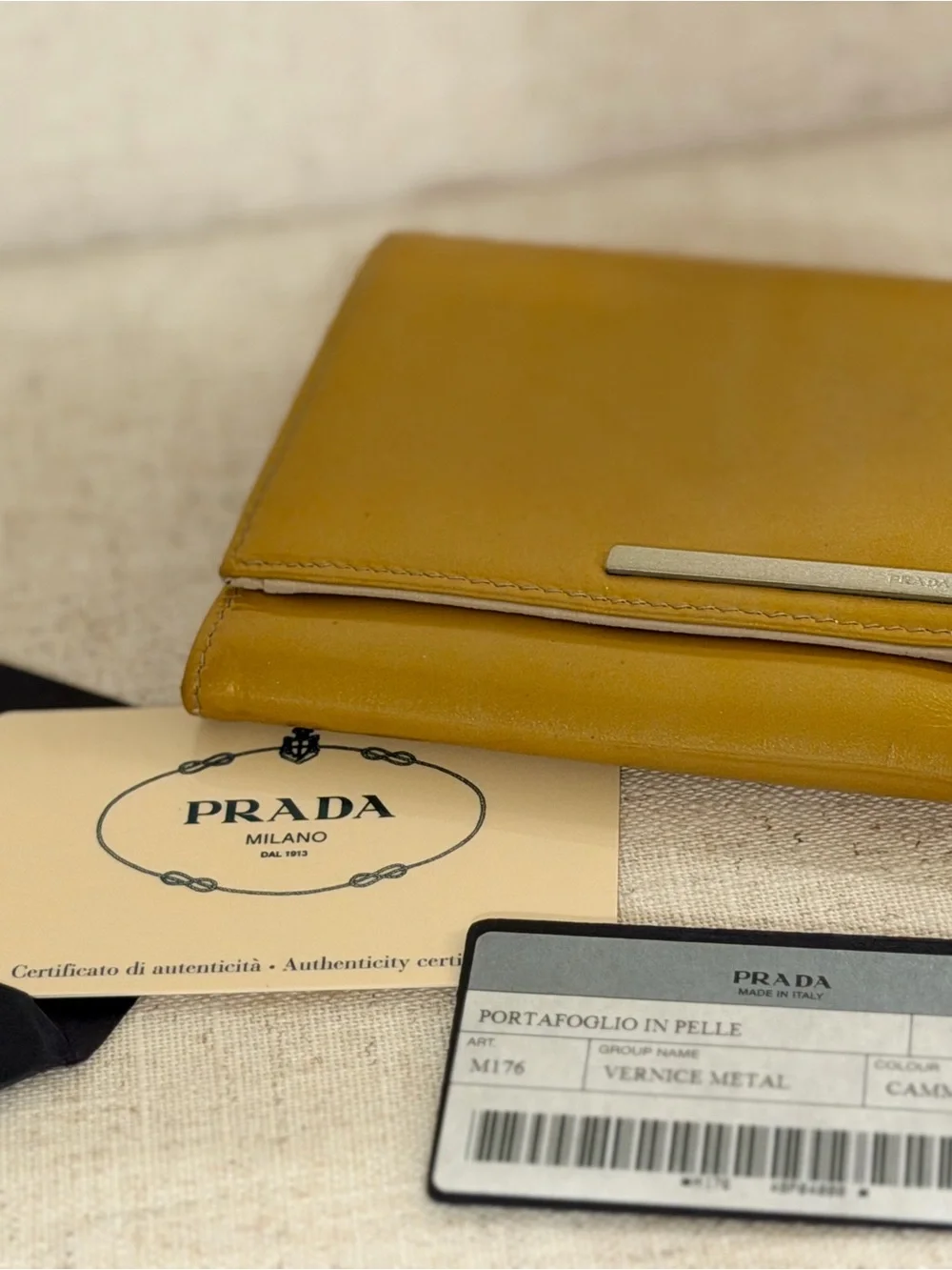 Prada Glossy Mustard Patent Leather Wallet with Silver Logo Bar